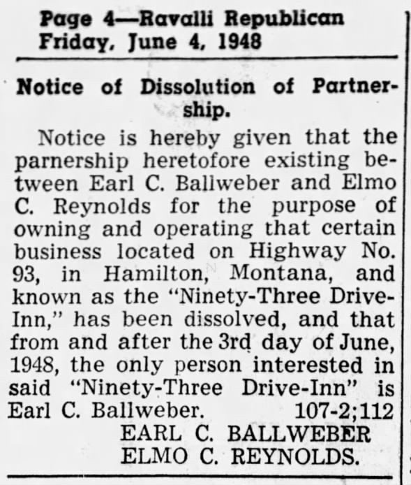 Elmo Charles Reynolds Dissolves Partnership With Earl C. Ballweber